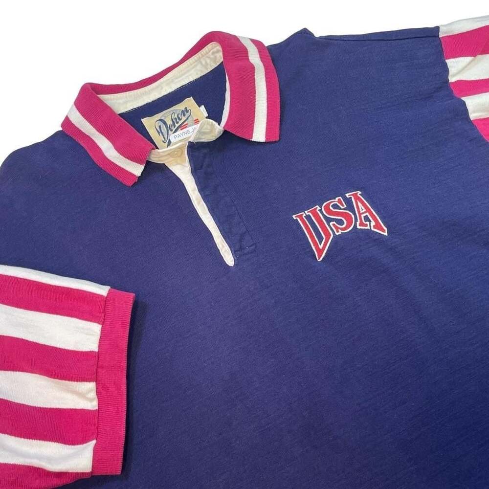 Vintage Dehen USA Patriotic Striped Short Sleeve Polo Shirt Sz XL
